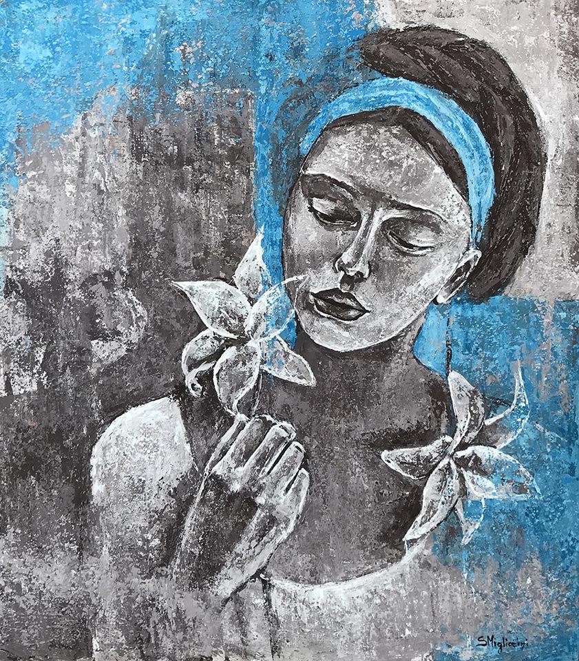 La ragazza che parlava ai fiori - Dimensioni: 60 x 68 cm - Tecnica: Acrilico a spatola su tavola - Anno: 2020